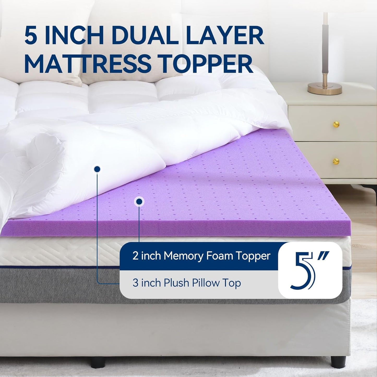 BDEUS Dual Layer 5 Inch Memory Foam Mattress Topper Twin XL Size for Dorm Room, 2 Inch Gel Memory Foam Plus 3 Inch 1450 GSM Pillow Top Mattress Pad Cover,College Dorm Essentials,White