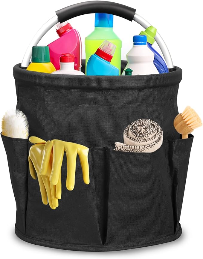 17L Cleaning Caddy with Handle,Foldable Tool Storage Basket,Garden Tool Organizer with 6 Pockets,Portable Cleaning Bucket Organiser for Storing Towels,Home Storage (Black)