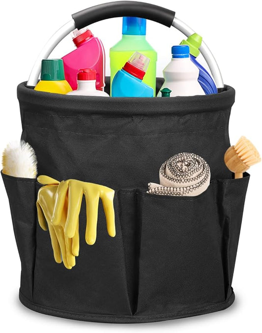17L Cleaning Caddy with Handle,Foldable Tool Storage Basket,Garden Tool Organizer with 6 Pockets,Portable Cleaning Bucket Organiser for Storing Towels,Home Storage (Black)
