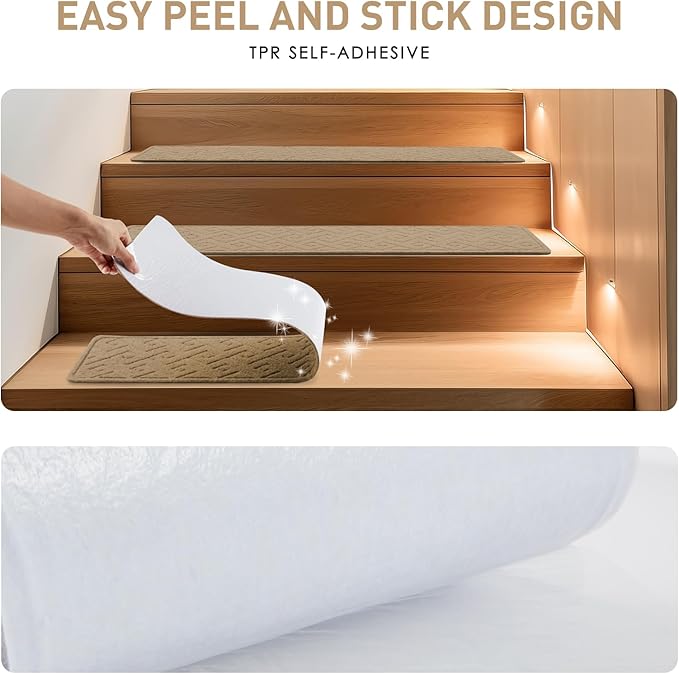 Stair Treads for Wooden Steps, 8" X 30" Non Slip Stair Runner Carpet Indoor with Reusable Adhesive Backing, Soft Tread Mat for Stairs, Ideal for Home Kid Dog, Polyester TPR Backing Stair Rugs-4 Pack