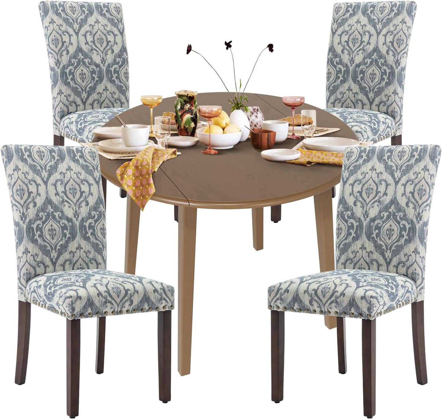 COLAMY 5-Piece Extendable Dining Table Set for 4, 36" Kitchen Round Wood Table with 4 Nailhead Dining Room Chairs,Light Brown/White&Blue Flower