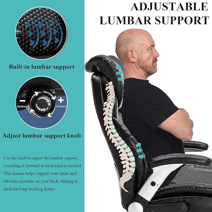 Big and Tall Office Chair,500lbs Capacity Ergonomic Desk Chair for Heavy People,PU Leather Swivel Rolling Computer Chair with Padded Flip-up Arms,High Back Executive Office Chair,Black