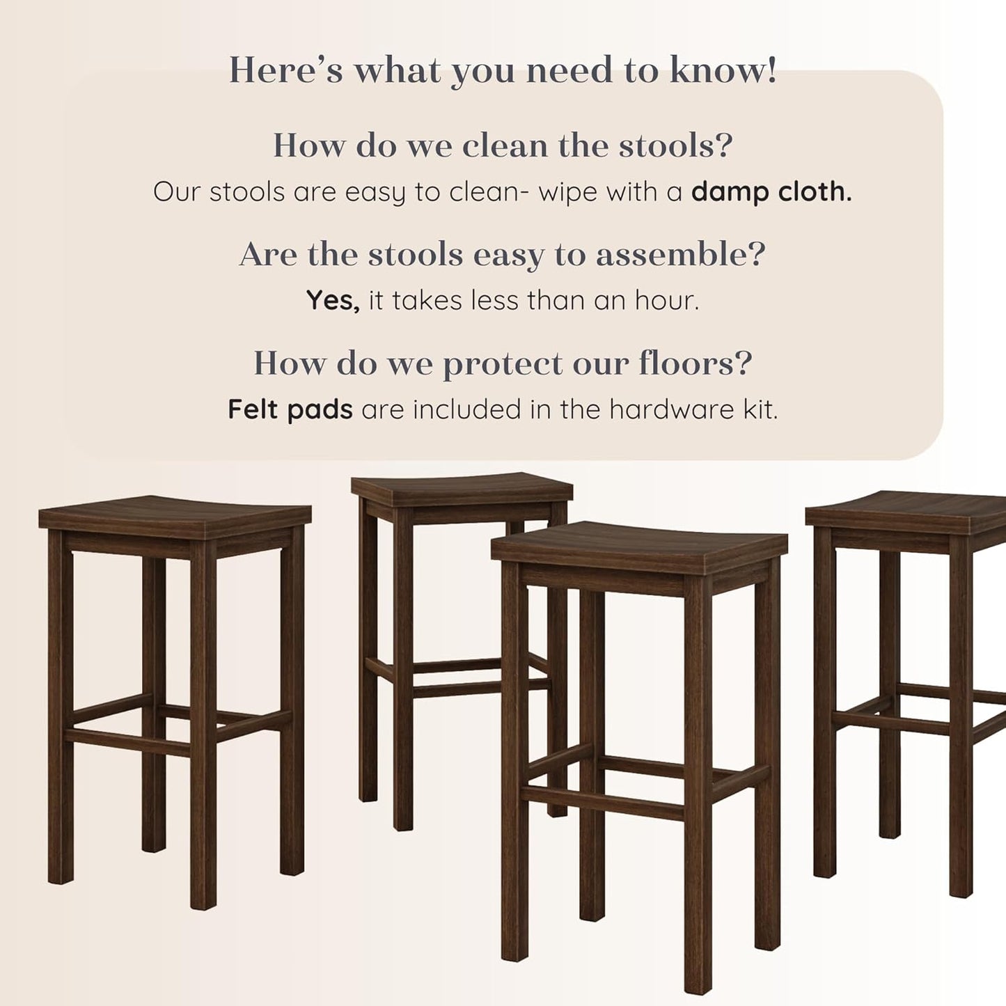 Grain & Grove Smith Collection Set of 4 Solid Wood Bar Stools, 30 inch Saddle-Seat Bar Chairs, Backless, Heavy-Duty Construction, Footrest Support, for Kitchen Islands, Home Bars, and Counters, Walnut