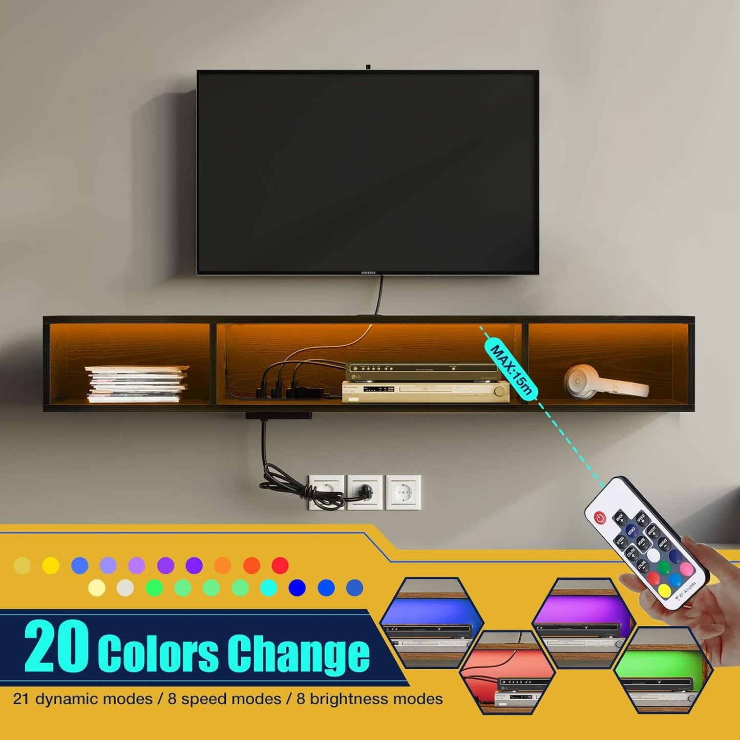 Rolanstar TV Stand with Power Outlet, Floating TV Stand with RGB Lights, 55.1" Wall Mounted TV Shelf, Black Media Console with Storage Shelf, Entertainment Under TV for Living Room, Bedroom