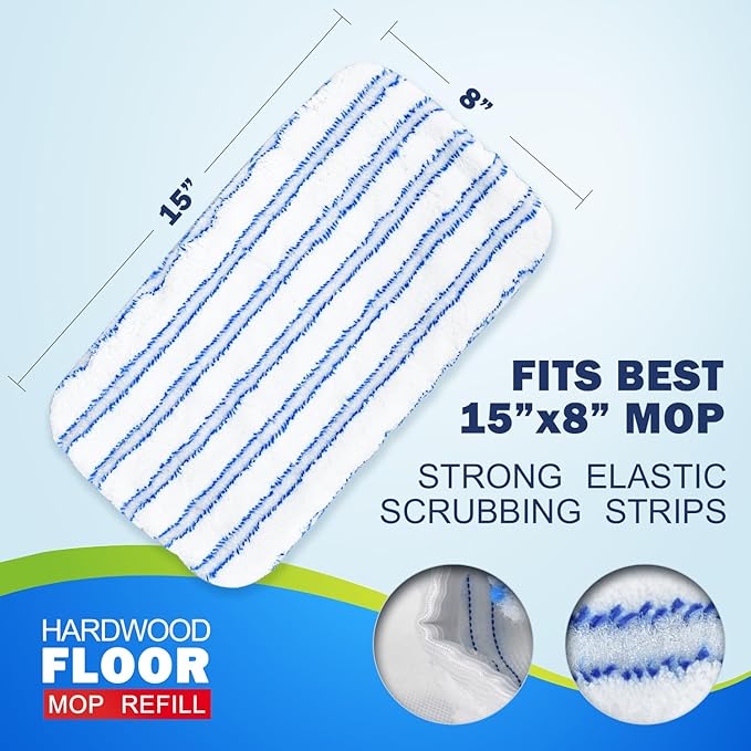 Large Surface Flat Mop, 15x8 Inches, 3Pack Microfiber Wet Mop Refills, Reusable & Washable, Compatible with Hardwood Floor & More, Includes 1 Cleaning Scraper