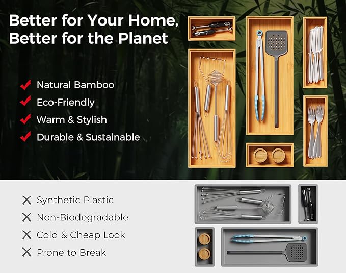 Long Bamboo Kitchen Drawer Organizer Boxes – 17" x 6" Stackable Wood Silverware Utensil Tray for Drawers Bins Cutlery & Flatware Storage – Wooden Organizers Set of 2 for Junk Drawer, Bathroom, Rv