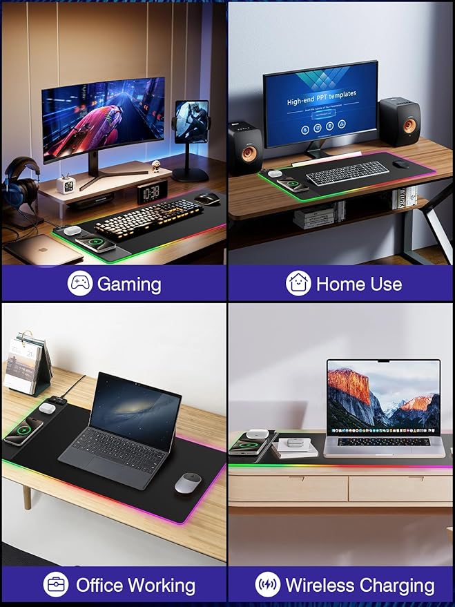 Wireless Charging Mouse Pad 15W, RGB Gaming Mouse Pad with Wireless Charger for iPhone/Airpods, 31.5"x15.7" XXL Large Desk Mat, 13 Light Modes, Magnetic Charging, Waterproof, Desk Pad for Gamer, Black