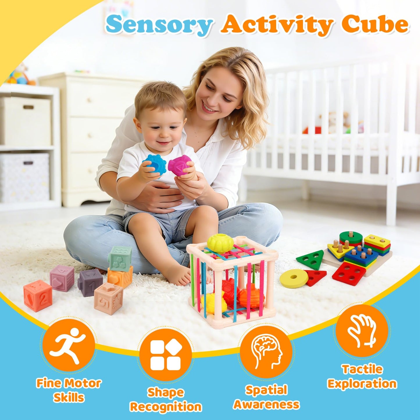 VuvuVoda Montessori Baby Toys for Toddlers 1-3, 7-in-1 Educational Activity Toy Set with Soft Cloth Book, Stacking Blocks & Learning Toys, Birthday Gifts for Boys Girls