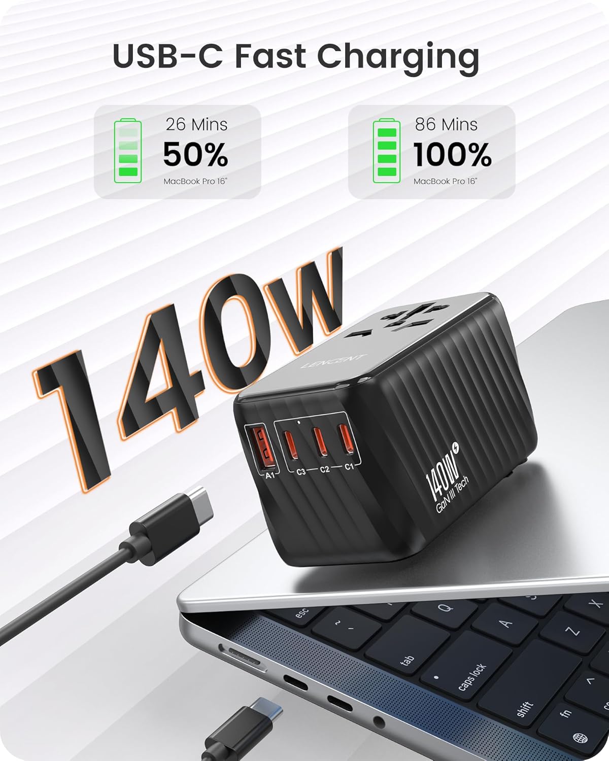 LENCENT 140W Universal Travel Adapter, International Plug Adaptor, GaN Fast Charger with 3 Type C+1 USB A, All in One Travel Essentials, Worldwide Outlet Converter for US to European EU UK AUS, Black