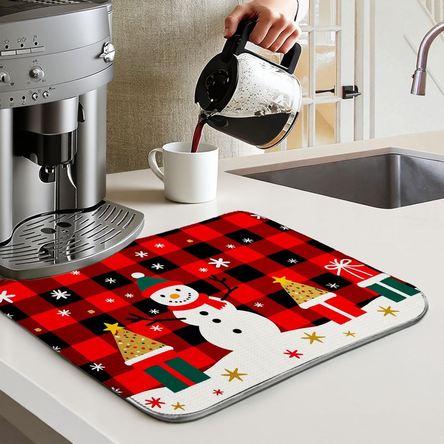 Red Plaid Christmas Drying Mat for Kitchen Counter 16" X 18" Christmas Dish Drying Mat for Kitchen Decor Xmas Drying Mats For Home Counter Drying Mats For Dishes Dish Mat Drying Mat