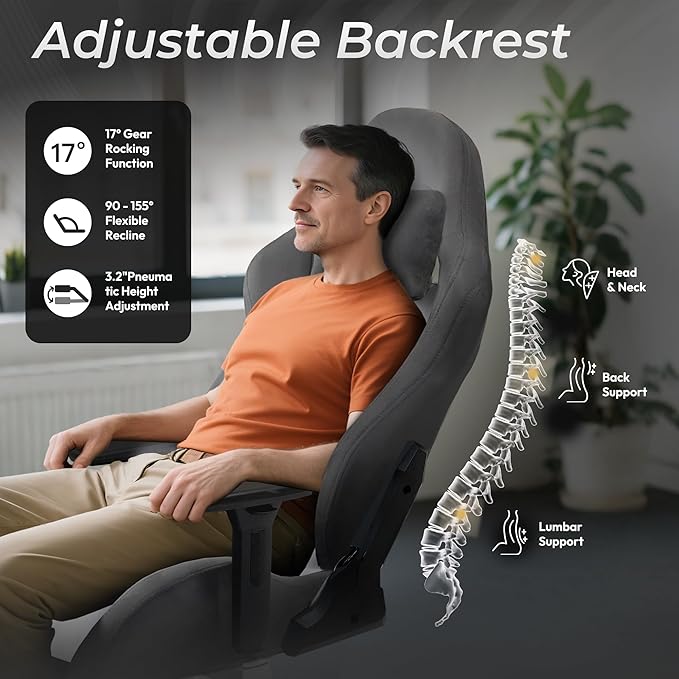 Dowinx Big and Tall Gaming Chair with Suede Fabric Breathable, Game Chairs for Adults with Oversized Thick Seat for 440lbs, Ergonomic Gamer Chair for Streaming & Long Gaming Sessions, Grey