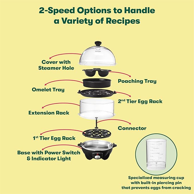 BELLA Double Tier Electric Egg Cooker and Omelet Maker with Auto Shut Off, for Easy to Peel, Poached Eggs, Scrambled Eggs, Soft, Medium and Hard Boiled Eggs, 12 Egg Capacity Tray Included, Black