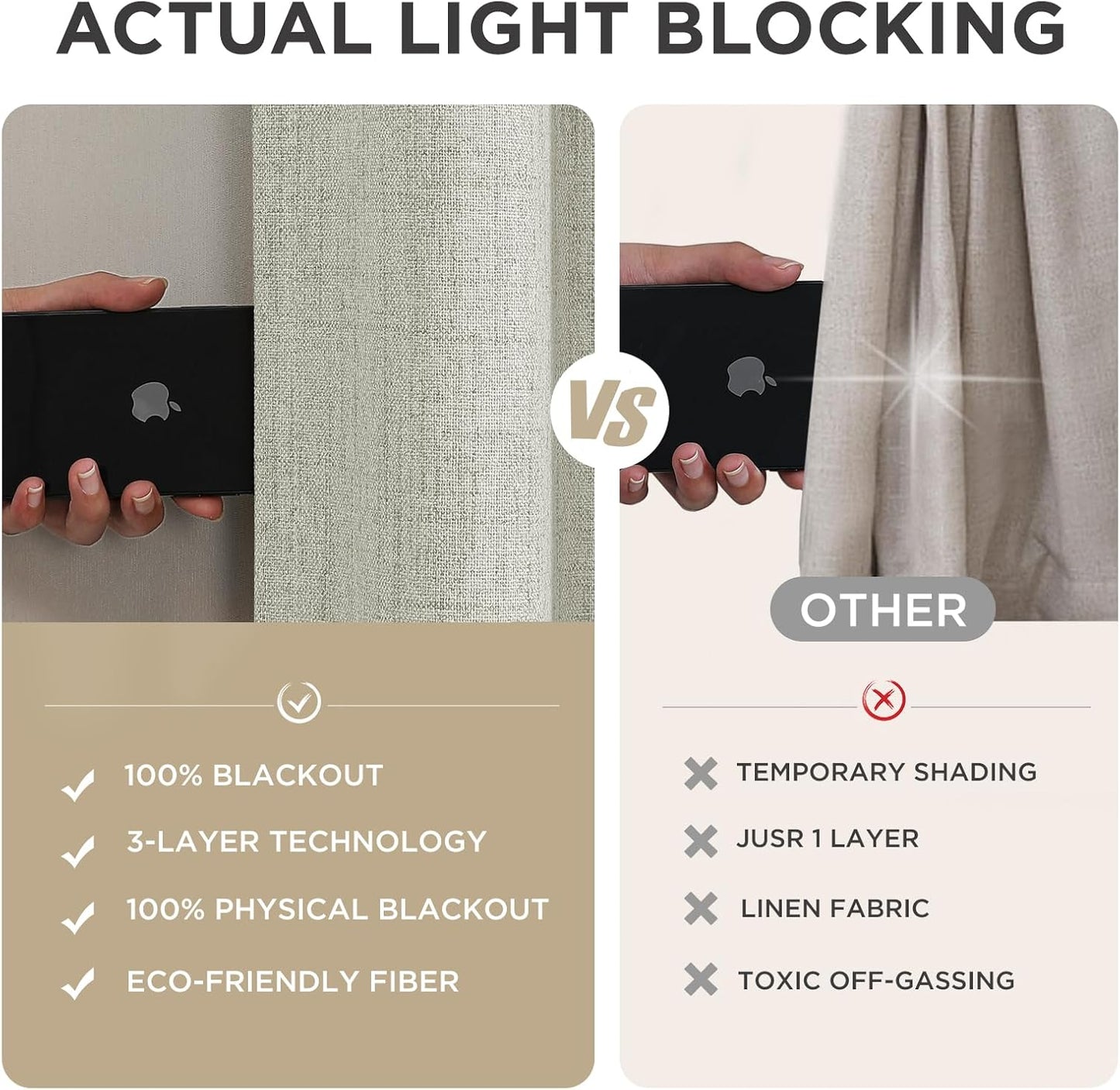 Joydeco 100% Blackout Curtains for Bedroom - Natural Linen Curtains 52" W x 90" L Long, Thermal Insulated 2 Panels Light Beige. Room Darkening Light Blocking Drapes for Living Room