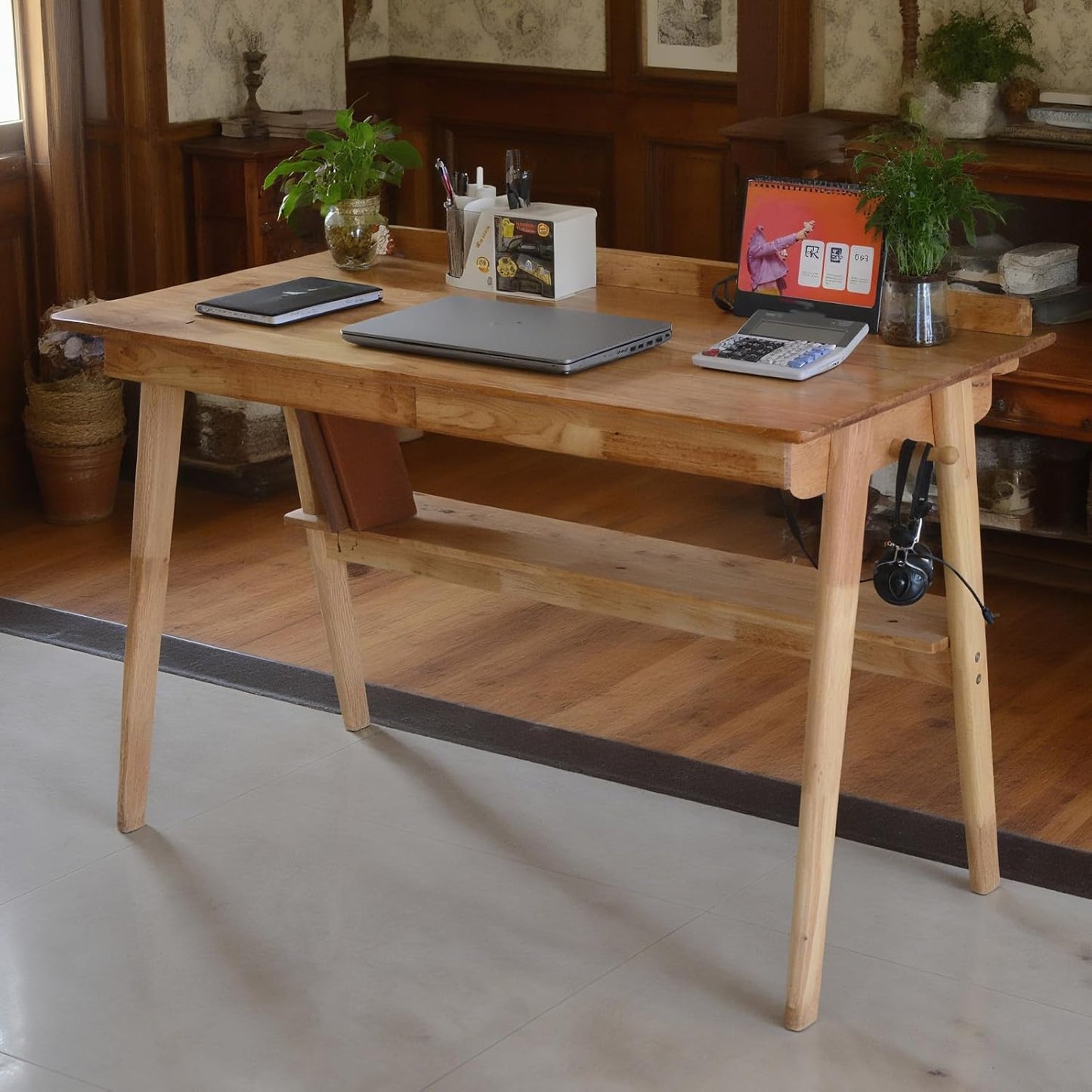 Oak Desk with Drawers, Solid Wood Desk with Bookshelf Small Computer Desk for Small Spaces Mid-Century Modern Wood Writing Desk with 2 Drawers for Home Office 47"