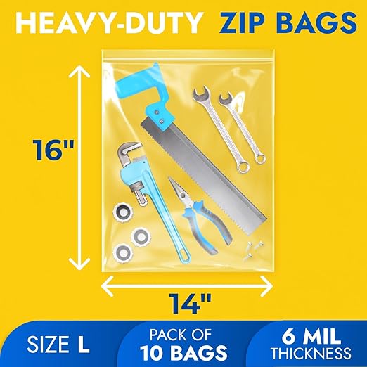14" x 16" Large Zip Seal Lock Bags, 6 Mil (Pack of 10) – Heavy-Duty Reclosable Plastic Bags – Clear, Resealable, Waterproof – For Storing and Organizing Clothes, Jewelry, and Travel Items