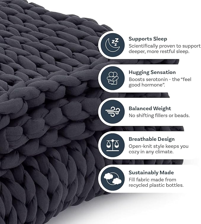 Nuzzie Chunky Knit Weighted Blanket - Breathable, Cooling, Hand Made Knit Throw Blanket for Sleep - Machine Washable, Stylish Design (Light Grey, Throw | 12lbs | 44"x60")