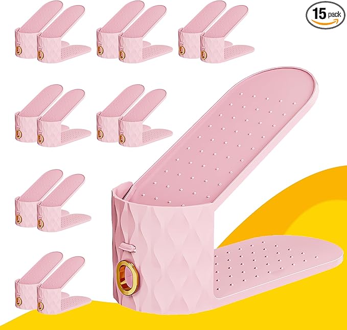 15 Pack Shoe Slots Organizer, Adjustable Shoe Stacker for Closet Storage, Double Layer Space Saver, Durable and Stackable Shoe Holder for Sneakers Heels and Flat