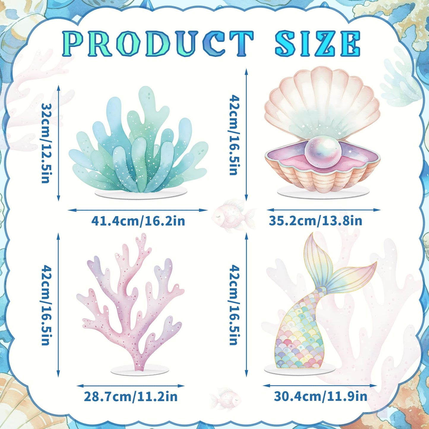 Novabright 4 Pcs Large Mermaid Birthday Decorations Mermaids Photo Booths Props Under The Sea Baby Shower Party Decoration Plastic Clam Shell, Coral, Stand Mermaid Tail Ocean Cutouts Party Decor