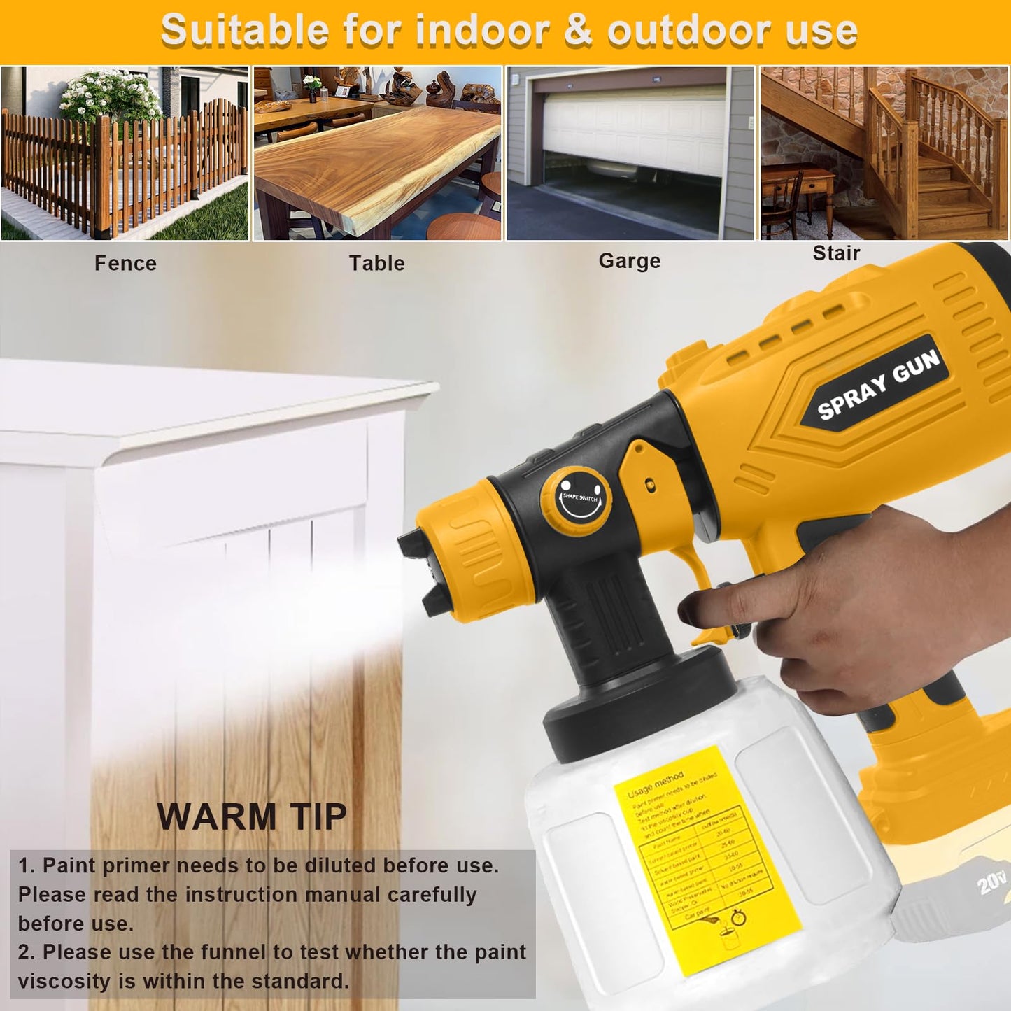 Cordless Paint Sprayer for Dewalt 20V Battery (Battery Not Included) - Electric Spray Paint Gun with 4 Copper Nozzles & 3 Spray Patterns, Ideal for DIY Projects, House Painting, Furniture, Fence