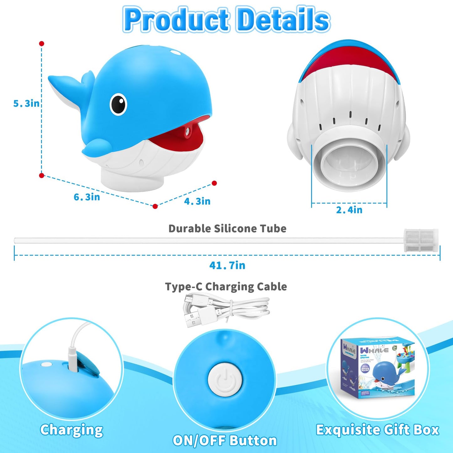 Infowush Water Table Pump, Whale Rechargeable Water Pump for Water Table with Sprinkler, 3.5 Hours Non-Stop Fun Summer Outdoor Water Toys Outside Water Play Table Accessories for Kids Toddlers, Blue
