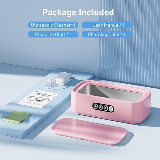 WINTERCRUSH Ultrasonic Retainer Cleaner for Tooth: 50KHz Jewelry Cleaner Deep Cleaning Machine - 650ML Dental Cleaning Pod for Dentures/Mouth Guards/Eyeglasses-3 Timers -Stainless Steel- Pink