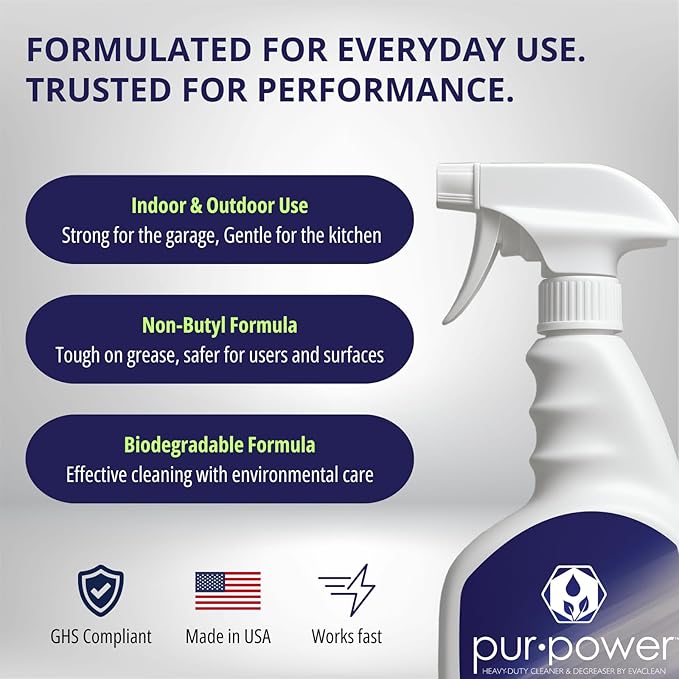 EvaClean PurClean & PurPower – Ready to Use, 1 All Purpose Cleaner & 1 Heavy Duty Degreaser, 32 FL Oz. Each, Biodegradable, Non-Butyl, Multi-Surface Cleaning & Degreasing for Facilities & Industry