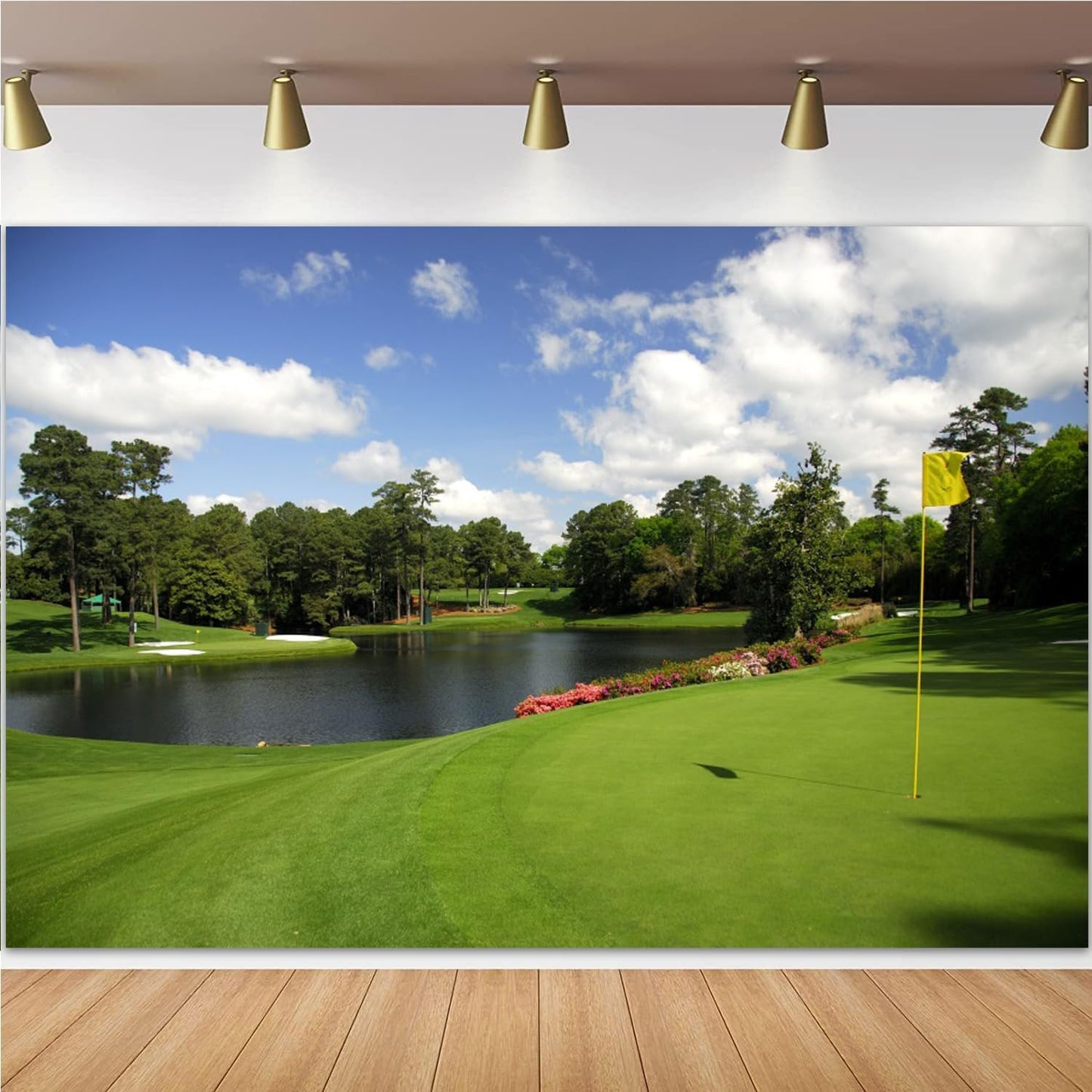 Golf Course Backdrop - Woodland Green Grass Lawn Flag Lake Sports Backgrounds for Photography Party Decorations Birthday Banner Photo Studio Props 12x8ft
