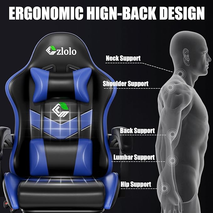 Gaming Chair with Footrest Racing Style Lumbar Support Massager Video Game Chair with Metal Legs, High Back Gamer Chair with Headrest, 360° Swivel Office Computer Desk Chair, Bright Blue
