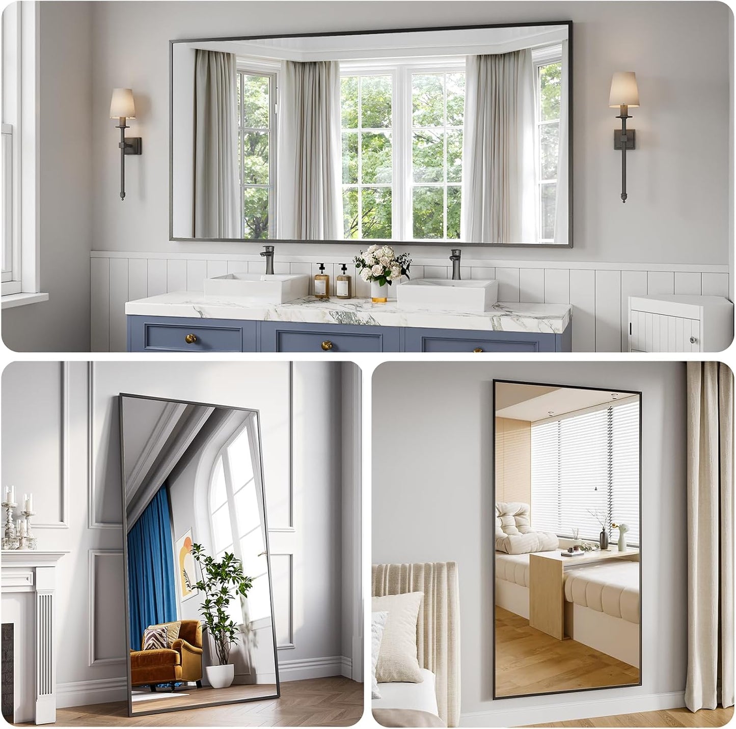 Bathroom Mirror 30x71 Black Bathroom Wall-Mounted Mirrors, Modern Vanity Mirror for Bedroom, Living Room, Aluminum Alloy Frame Allow to Hang Horizontally or Vertically