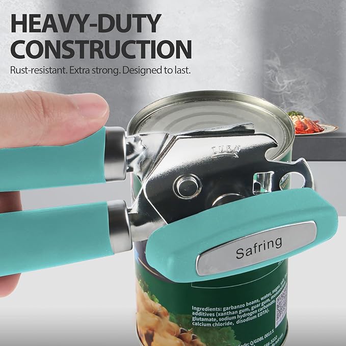 Can Opener Manual, Heavy Duty Handheld Strong Can Opener with Soft Touch Handle, Sharp Blade Smooth Edge, Can Openers with Multifunctional Bottle Opener, Aqua Sky