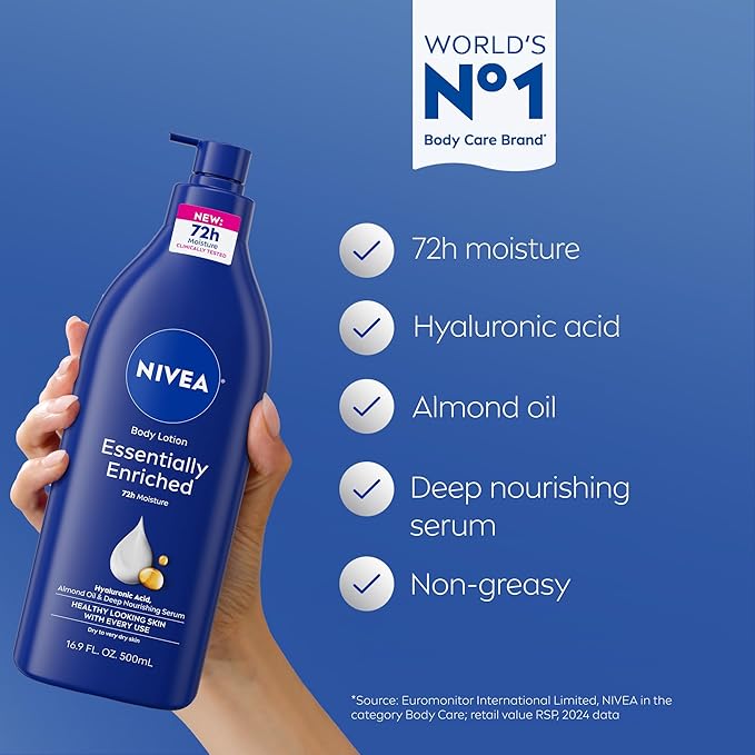 NIVEA Essentially Enriched Body Lotion for Very Dry Skin with Hyaluronic Acid, Almond Oil and Deep Nourishing Serum, 72-Hour Body Moisturizer, Holiday Gifts for Self Care, 16.9 Fl Oz Pump Bottle