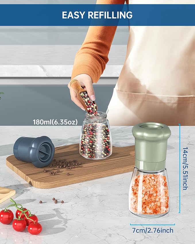 CIRCLE JOY Manual Salt and Pepper Grinder Set For Professional Chef, Refillable Salt and Pepper Shakers with Ceramic Blades, Adjustable Coarseness and BPA-free 180ml Glass Container, Short Green