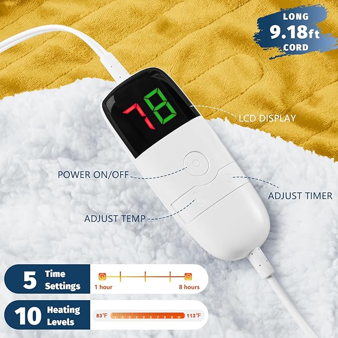 BOMOVA Heated Electric Blanket Twin Size- 62" x 84" Heating Blanket with 10 Heating Levels & 8 Hours Auto Off, Warm Flannel Blanket, Christmas Birthday Gifts for Women