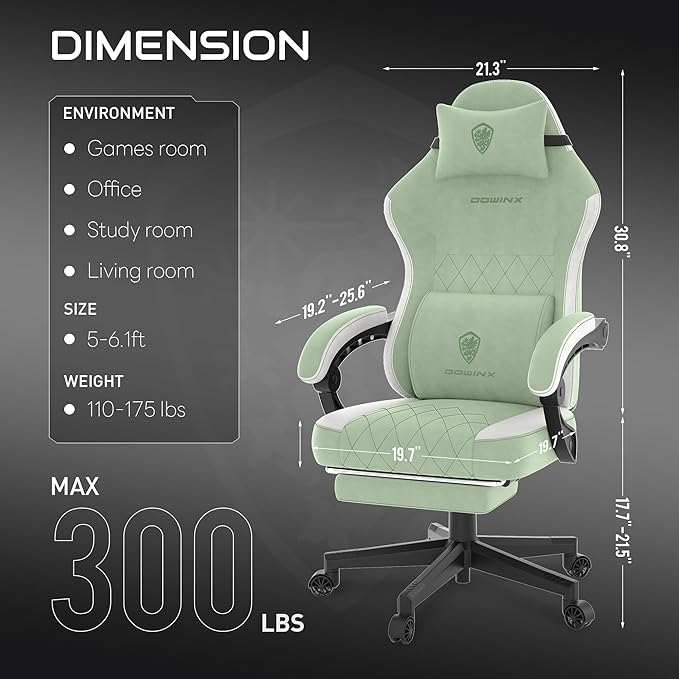 Dowinx Fabric Gaming Chair, Computer Office Chair with Pocket Spring Cushions and Lumbar Support, Ergonomic Massage Gaming Chairs with Footrest for Big and Tall, Green