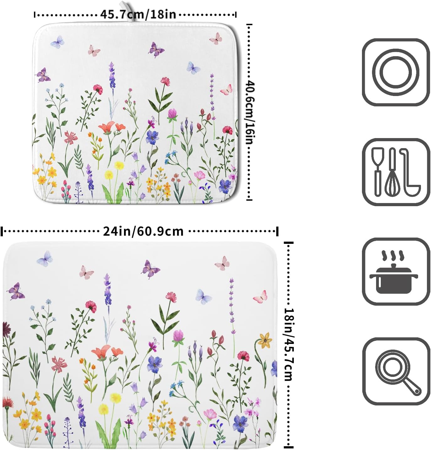 Watercolor Floral Dish Drying Mat for Kitchen Counter 16x18 Inch Spring Summer Wild Flower Butterfly Absorbent Reversible Microfiber Dish Drainer Rack Mats Countertops Protector Mat