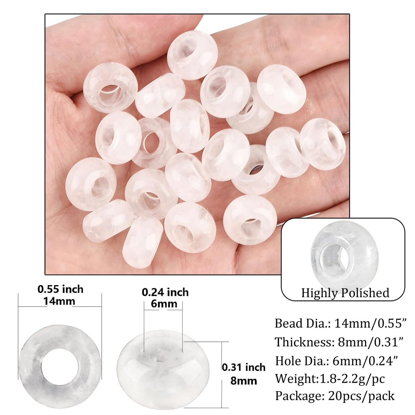 THEDAYEE 20Pcs Natural Clear Quartz Crystal Large Hole Beads, 8x14mm Rondelle Gemstone Spacer Beads 6mm Big Hole for Jewelry Making, Beading Bracelets, Macrame & Hair Braiding