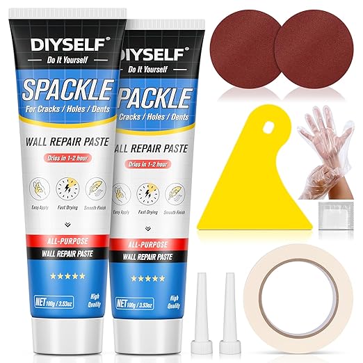 DIYSELF 9 Pack Drywall Repair Kit, Spackle Wall Repair, 2×100g (7oz Total) Putty, White Drywall Mud, Plaster for Holes, Cracks, Gaps, Fast-Drying Hole Filler, Spackle Tube, Scraper & Sander Included