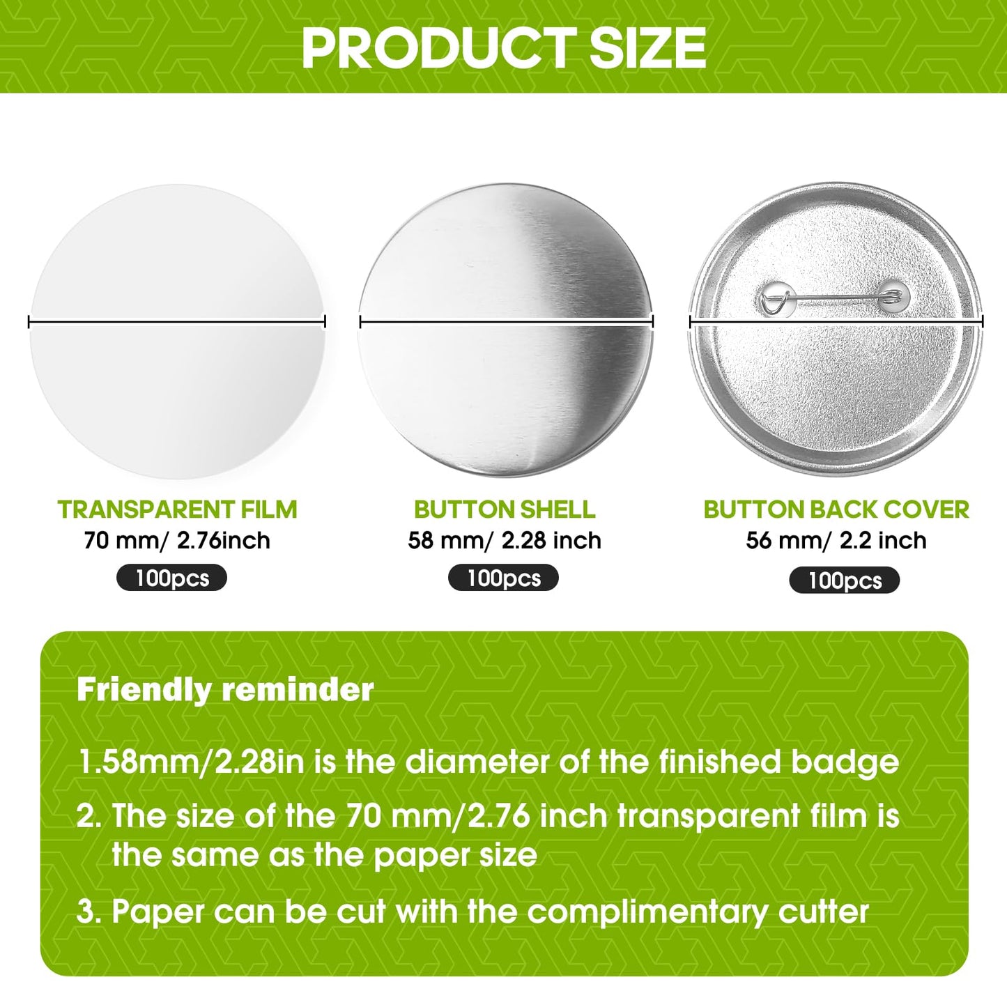 300 Pcs 58mm/2.28 inch Button Maker Supplies, 58mm Button Supplies Parts, (Approx. 2.25 inch) Round Badge Blank Button Pins, Includes Metal Pin Back Cover, Metal Cover, Clear Film
