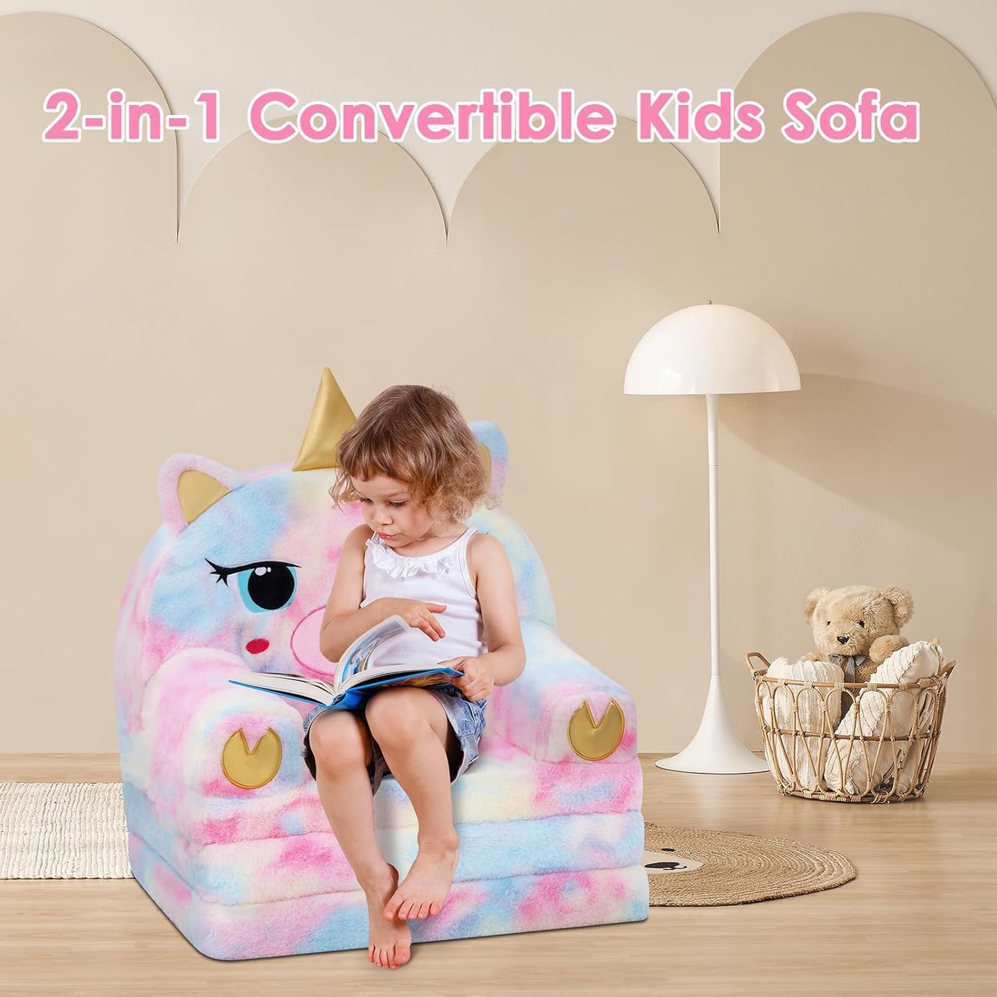 Kids Couch Comfy Foldable Kids Sofa to Lounger 2 in 1 Toddler Chair Plush Baby Sleeper Chair for Playing and Napping, Birthday Gifts for Boys and Girls
