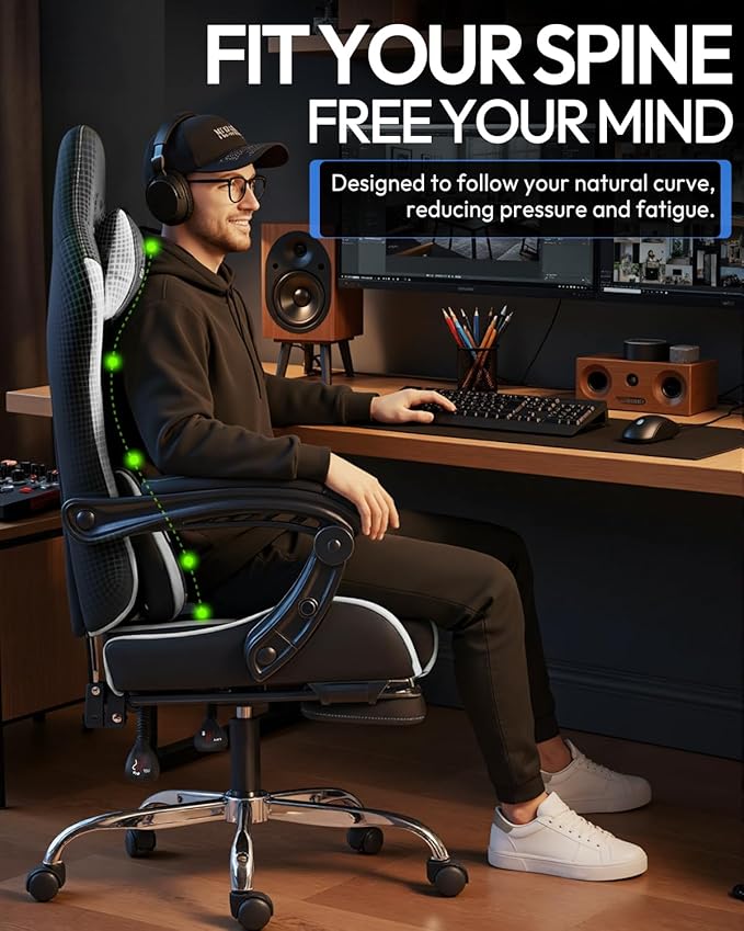 Dowinx Ergonomic Gaming Chair with Footrest & Massage Lumbar, 2D-Linkage Armrests for Computer Chair 330lbs with Headrest Pillow for Office, Home, Streaming and Long Gaming Sessions, White