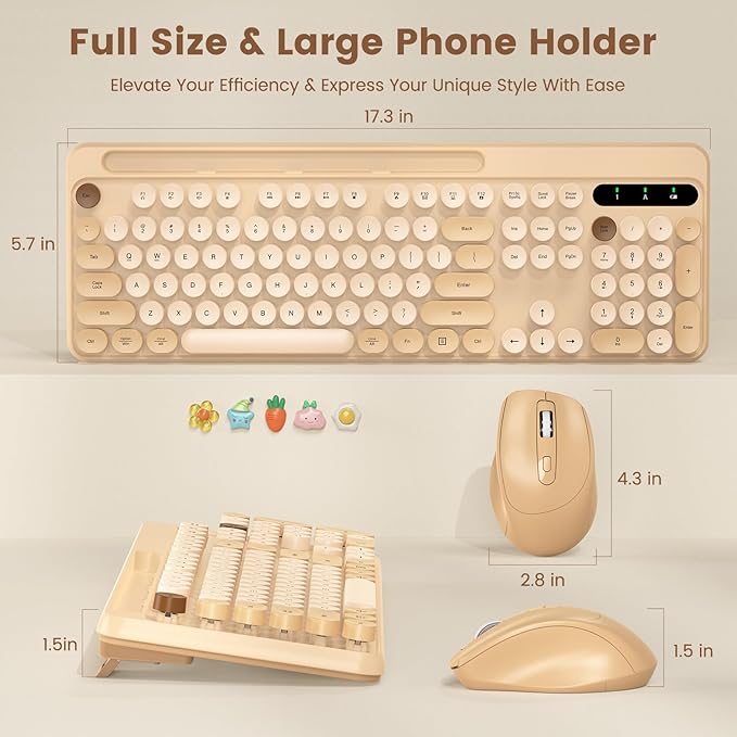 Wireless Keyboard and Mouse Combo, Retro Round Keycaps, Full-Size Stylish Typewriter Keyboard with Phone/Tablet Holder, Ergonomic Mouse with 3-Level DPI, 2.4GHz Connection for Windows/PC (Milk-Tea)
