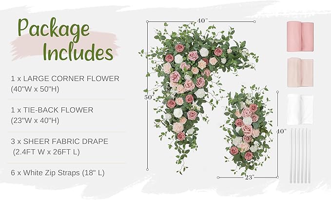 Wedding Arch Flowers with Drapes Kit (Pack of 5) - 2pcs Artificial Dusty Rose Deluxe Swag with 3pcs Hanging Sheer Drapes for Wedding Ceremony Arbor Reception Backdrop Rose Floral Decoration