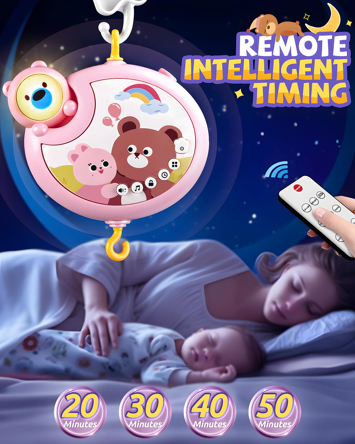 RSEPD Crib Mobile With Music And Lights, Mobiles For Cribs, Baby Mobile Arm Toys Hanging For Bassinets Girls Boys, Nursery Musical Space Portable Infant Mobiles Clip On Pack And Play Hanger 0-6 Months