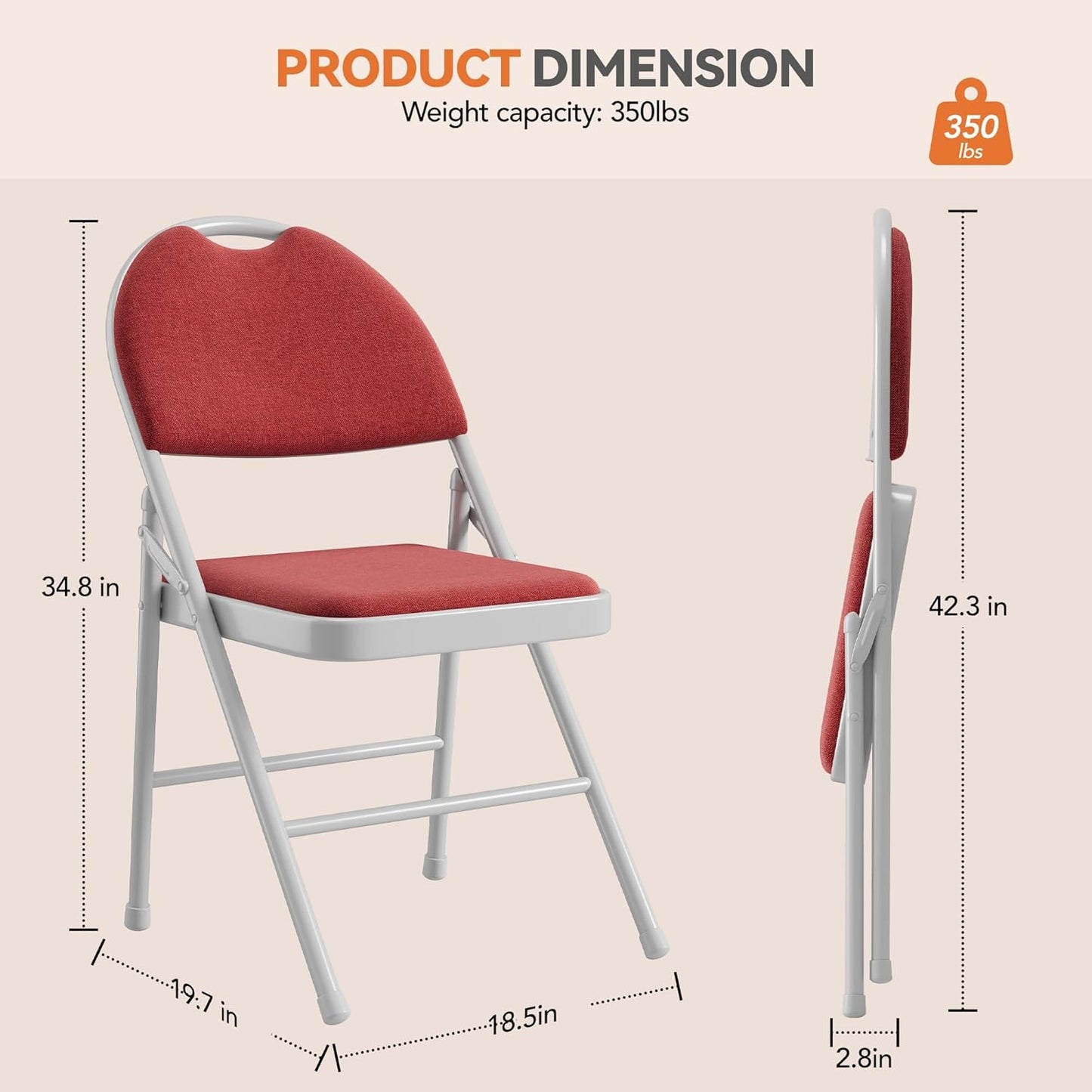 GarveeHome 2 Pack Folding Chairs with Fabric Padded, Metal Foldable Chair Linen Cushion and Back for Indoor Outdoor, Commercial Stackable Guest Chairs for Camping, Dining Room, Office, Wedding, Red