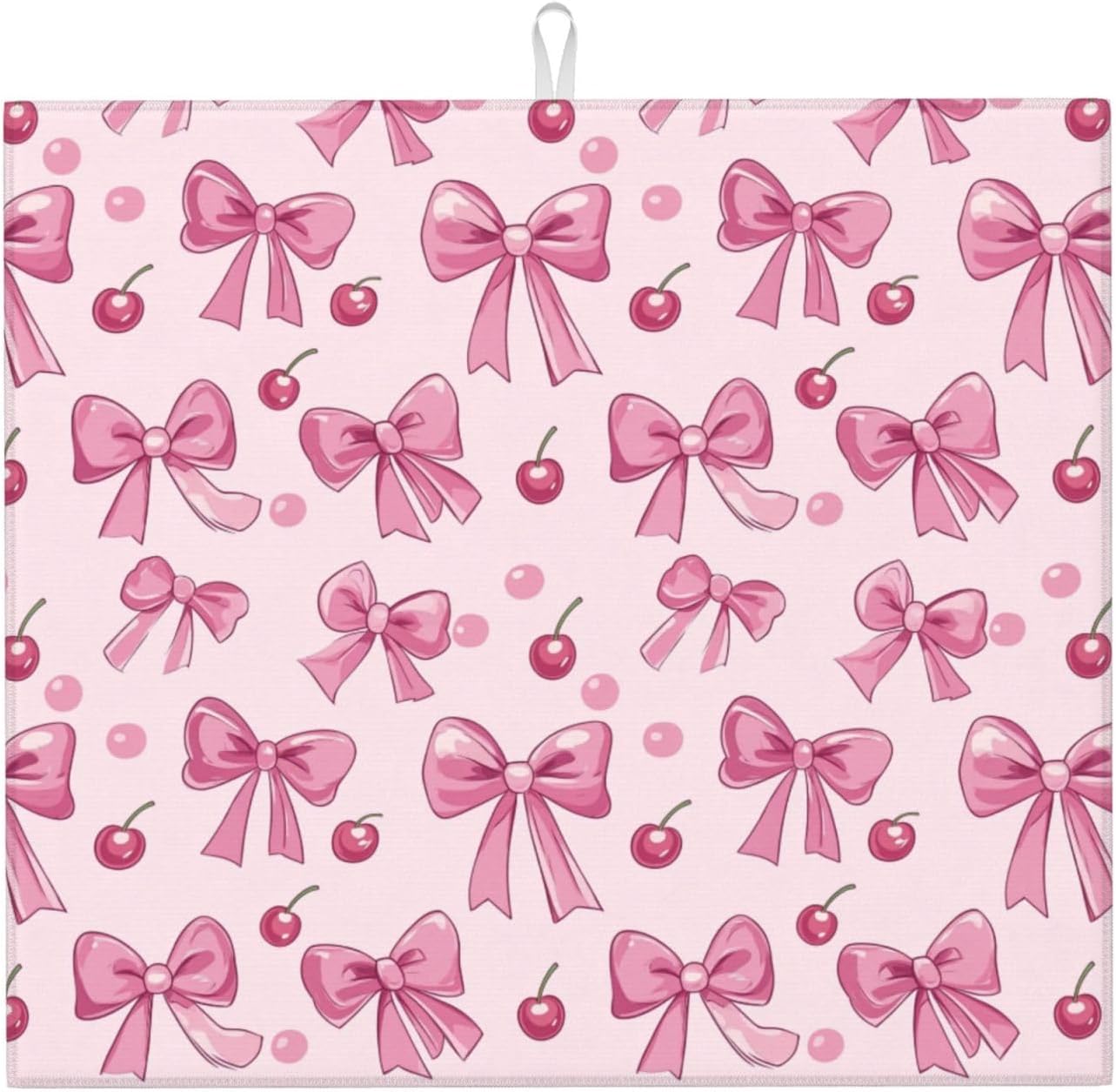 Dish Drying Mat for Kitchen Pink Bow Pattern Cherry Counter Absorbent Dishes Drainer Microfiber Small 16x18 Inch