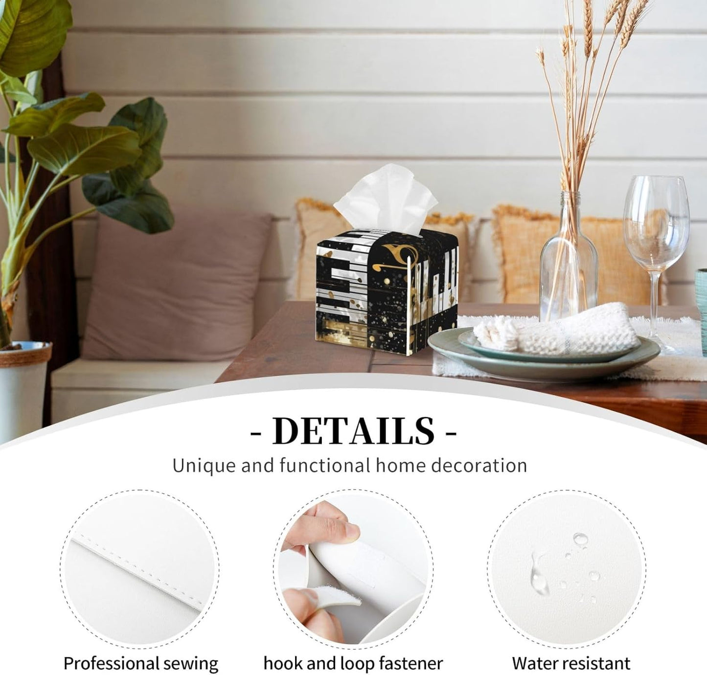 Tissue Box Cover Golden Music Notes Piano Keys Square PU Leather Tissue Box Holder for Car Bathroom Bedroom Desk Tabletop Decor
