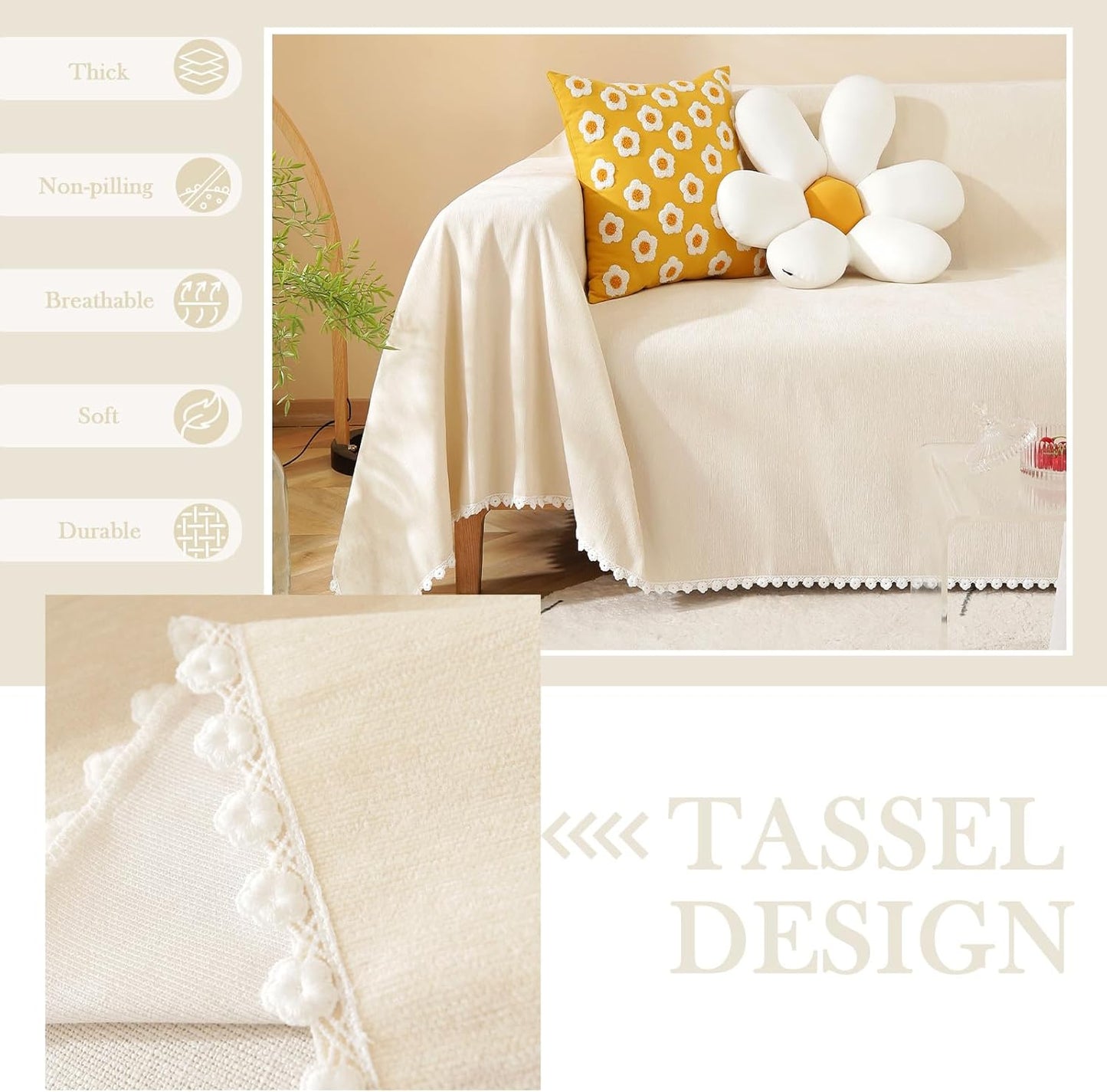 HANDONTIME Beige Sofa Covers Couch Covers for 3 Cushion Sofa Cute Couch Cushion Covers Pet Couch Protector Thick Chenille Loveseat Cover Multi-Functional Throw Cover, 71" X118"