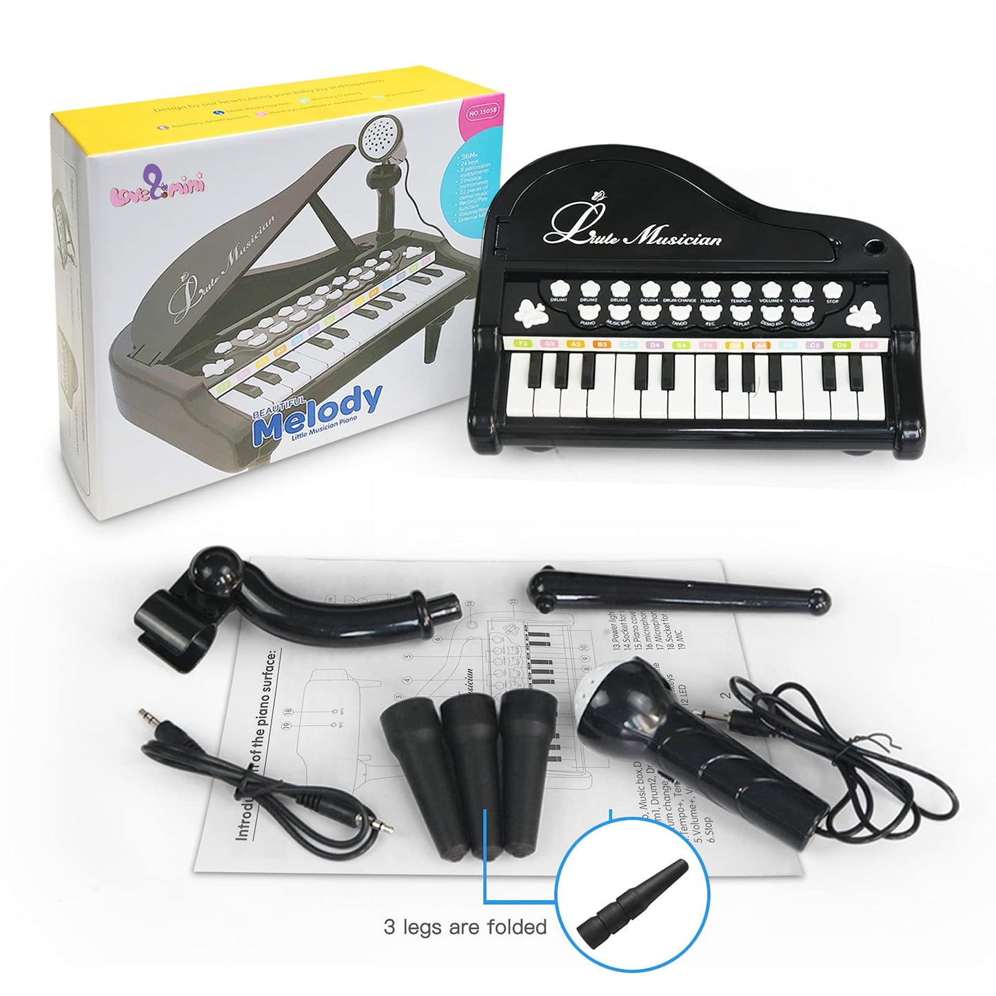Love&Mini Toddler Piano - 24 Keys Black Baby Piano Toys with Microphone, Birthday Gifts for 3+ Year Old Girls and Boys