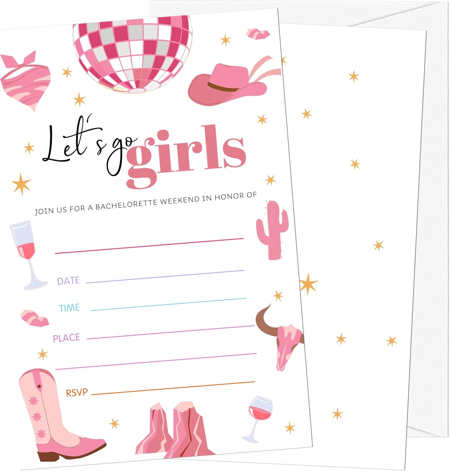 Cowgirl Birthday Invitations, 20 Invitation Cards with Envelopes, Pink Disco Invites for Party Decorations Favor Supplies - A11
