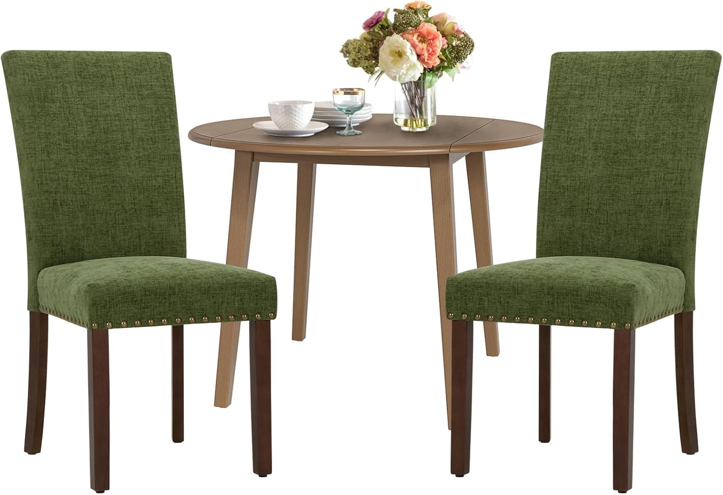 COLAMY 3-Piece Extendable Dining Table Set for 2, 36" Kitchen Round Wood Table with 2 Nailhead Dining Room Chairs,Light Brown/Green